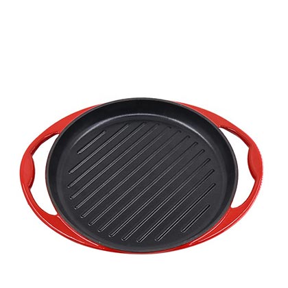 Steak Grill Frying Pan Scarlet Red 10 Inch Round Enameled Heavy Duty Cast Iron Grill Griddle Pan